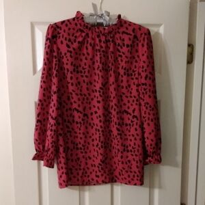 Red Black Leopard Print Long Sleeve Blouse